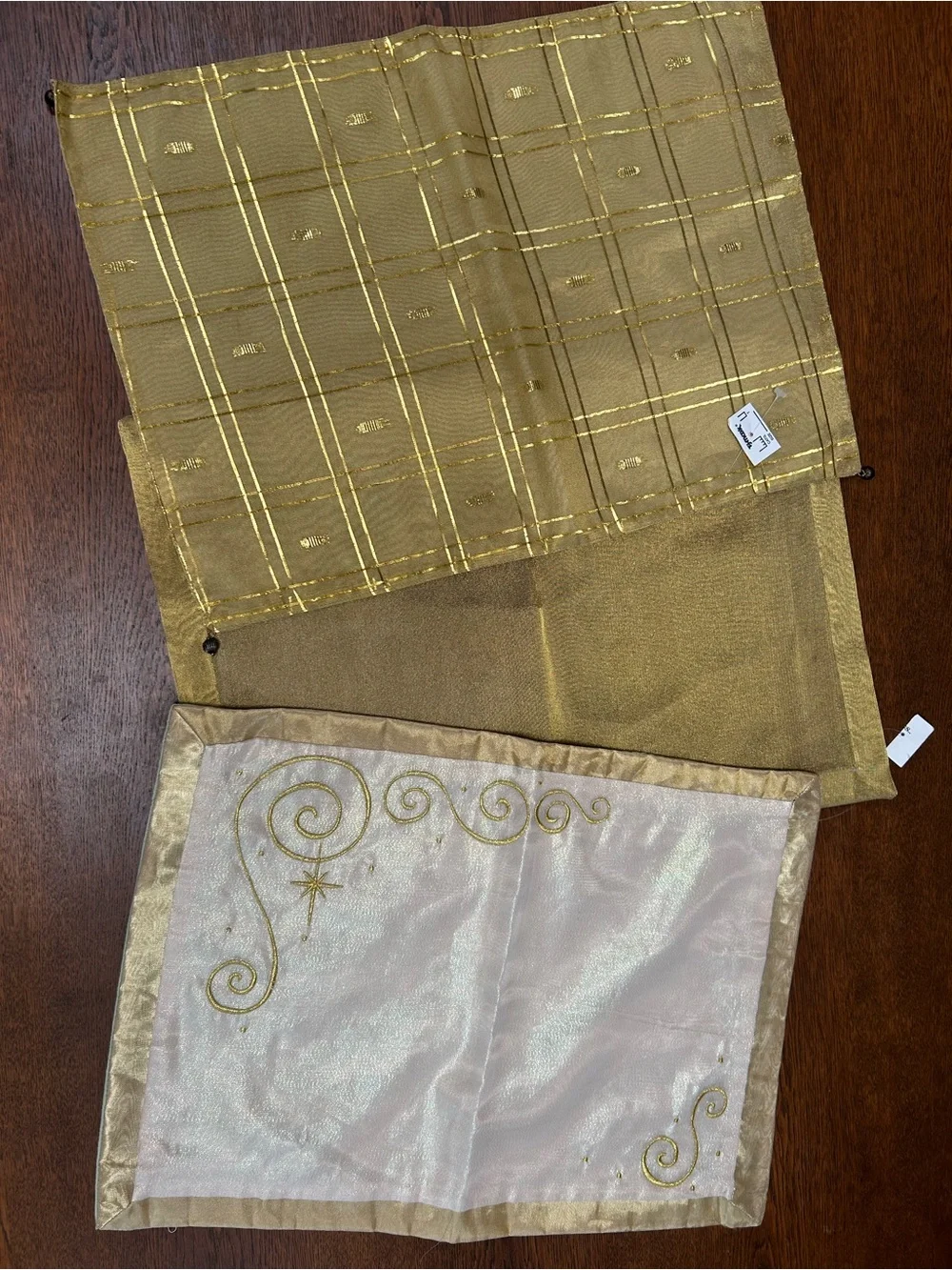 Beautiful Gold Placemats (3)  w/Metallic Sheen. Each 13 or 13.5” by 18 or 18.5”.